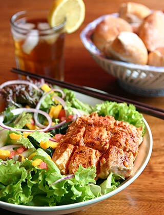 d. Japanese Treat: Miso soup, grilled salmon fillet and seaweed salad